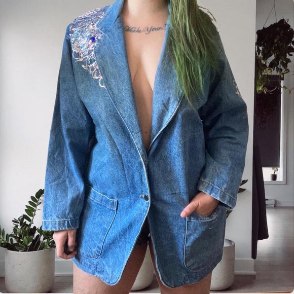 Sunbelt Vintage 90's Puffy Paint Denim Blazer Lapel Jacket Light Wash Blue Large - Picture 9 of 9